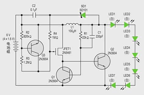 可以調節(jié)7個白光LED串亮度的低成本電感型升壓電路