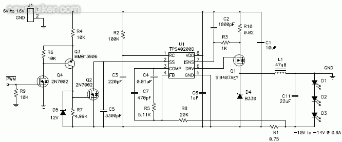 利用負(fù)輸出電壓，以升降壓拓樸調(diào)節(jié)恒定LED電流