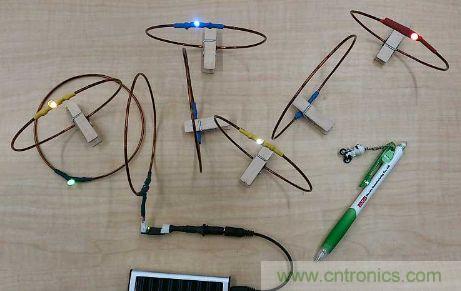 用來驗證“直流共振方式”的試制系統(tǒng)。在線圈間傳輸電力，點亮LED