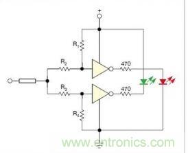 在雙門構(gòu)成的CMOS/TTL兼容探頭中，R1至R4電阻網(wǎng)絡(luò)對反相器輸入端做偏置
