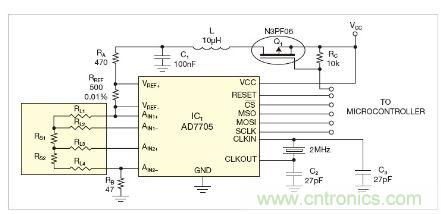 圖1：測量電路測三個點的值，微控制器就可以計算出傳感器值。