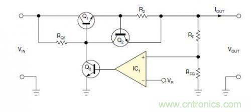 圖1：一個(gè)標(biāo)準(zhǔn)的線性穩(wěn)壓器直接將反饋連接到串聯(lián)導(dǎo)通晶體管上。