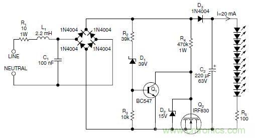 圖2：斬波工作類似圖1中的電路，但以較大的LED串聯(lián)電阻代替了恒流源，提供限流功能