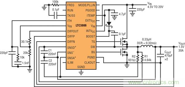 圖2：以非常低的DCR完成采樣的高效率、1.5V/30A降壓型轉(zhuǎn)換器