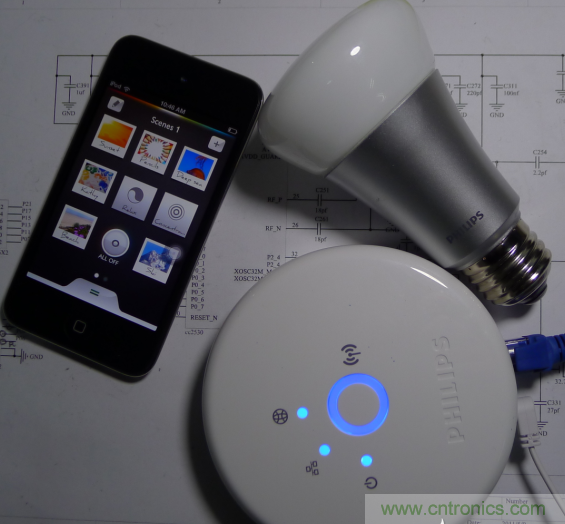 三個組合（控制盒、Hue 燈泡、iOS 的 APP）