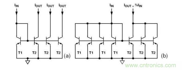 （a） 多級電流鏡 （b） 非整數(shù)比例電流鏡可將3個T2集電極結(jié)合起來，得到3IIN
