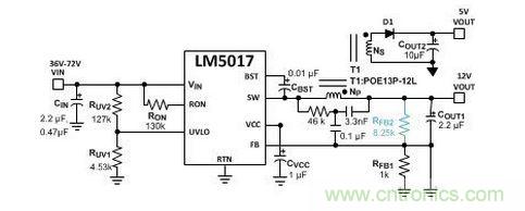 基于 LM5017 的 Fly-Buck 轉(zhuǎn)換器電路，沒有基于光耦合器的穩(wěn)壓電路