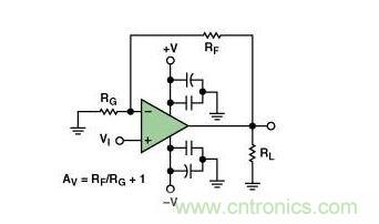 典型的運(yùn)算放大器電路，(a)原設(shè)計(jì)圖，(b)考慮寄生效應(yīng)后的圖