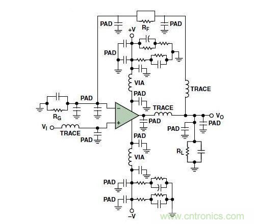 典型的運(yùn)算放大器電路，(a)原設(shè)計(jì)圖，(b)考慮寄生效應(yīng)后的圖
