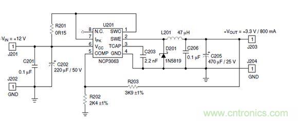 Buck電路應(yīng)用實(shí)例-輸入9～12V，輸出3.3V 800mA電路