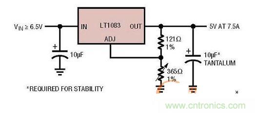 集成型線性穩(wěn)壓器實(shí)例：只有3個(gè)引腳的7.5A線性穩(wěn)壓器。