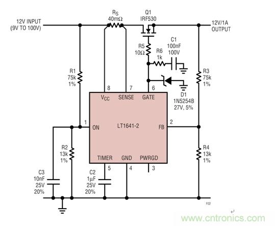 過壓瞬態(tài)保護(hù)器將輸出箝位在24V左右，如果輸入降至低于9V就斷接