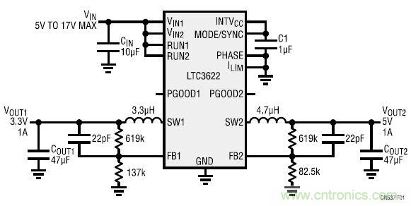 17V輸入、雙路1A輸出的同步降壓型穩(wěn)壓器