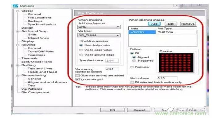 利用支持射頻設計的PCB 設計工具，您可以設置用于生成過孔模式的設計規(guī)則，并自動在您的設計中強制實施這些規(guī)則，從而節(jié)省您的時間和確保符合您的所有設計規(guī)則。