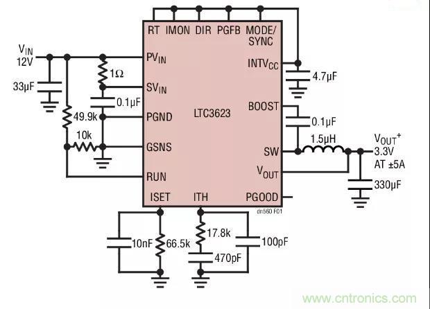 高效率、15V 軌至軌輸出同步降壓型穩(wěn)壓器能提供或吸收 5A
