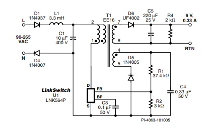 LinkSwitch-LP 系列旨在取代手機/無繩電話、PDA、數(shù)碼相機和便攜式音頻播放器等應(yīng)用中輸出功率 < 2.5 W 的低效線頻線性變壓器電源。LinkSwitch-LP 還可用作白色家電等應(yīng)用中的輔助電源。  LinkSwitch-LP 將高壓功率 MOSFET 開關(guān)與 ON/OFF 控制器集成在一個設(shè)備中。它完全由漏極引腳自供電，具有低 EMI 的抖動開關(guān)頻率，并且具有全面的故障保護(hù)。自動重啟可限制過載和輸出短路條件下的器件和電路耗散，而遲滯過溫保護(hù)會在熱故障期間禁用內(nèi)部 MOSFET。EcoSmart 技術(shù)使設(shè)計能夠輕松實現(xiàn) < 150 mW 的空載功耗，滿足能源效率要求。  LinkSwitch-LP 的設(shè)計目的是在輸出功率低于 2.5 W 時無需初級側(cè)鉗位電路，從而顯著減少組件數(shù)量和總系統(tǒng)成本。圖 1 顯示了基于 LinkSwitch-LP 的 2 W 電源，不帶初級側(cè)鉗位。LinkSwitch-LP 系列經(jīng)過優(yōu)化，當(dāng)變壓器上的輔助或偏置繞組提供反饋時，可提供近似的 CV/CC 輸出特性。這非常適合取代工頻變壓器的應(yīng)用，提供兼容的輸出特性，但過載、短路電流和輸入線電壓變化較小。  　  在無鉗位設(shè)計中使用 LinkSwitch-LP 的基本電路原理圖。  快速開始  　 LinkSwitch-LP 反激式設(shè)計流程圖